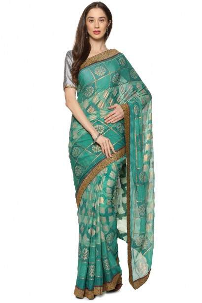 Soch Poly Chiffon Printed Traditional Saree (Green, SOCH NC SR