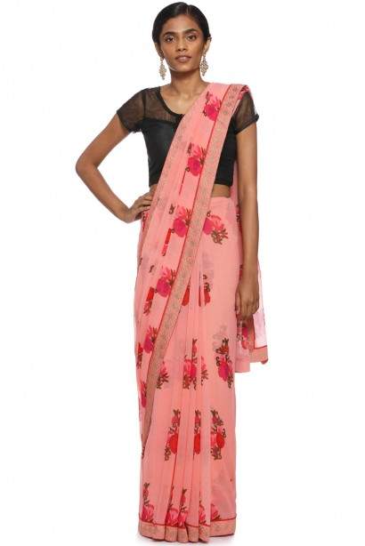Soch Peach Poly Georgette Printed Casual Saree [Free Size] in