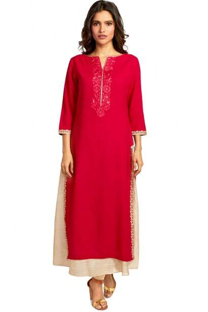 Soch Embroidery Ankle Cotton Ethnic Kurtis (L, Pink) in Surat at