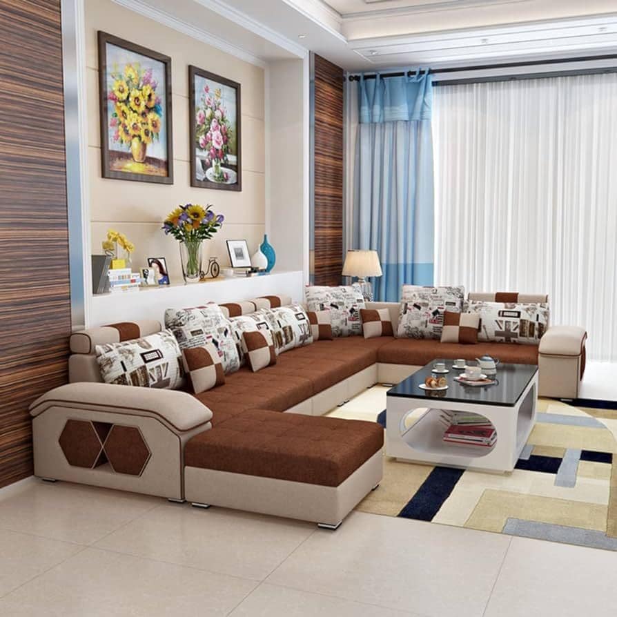 Sofa Set Sectional Nine Seater Modern U Shape Brown 12x8 Inch in