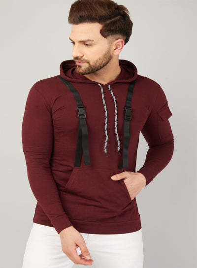 Solid Men Hooded Neck Maroon Self-Design Cotton Blend T-shirt in