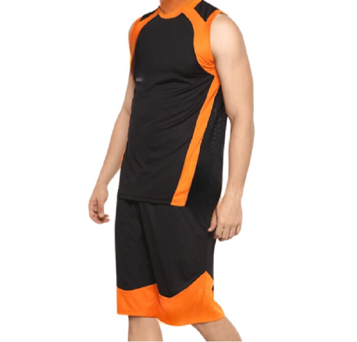 Solid Polyester Basketball Jersey Set For Men (Black And Orange