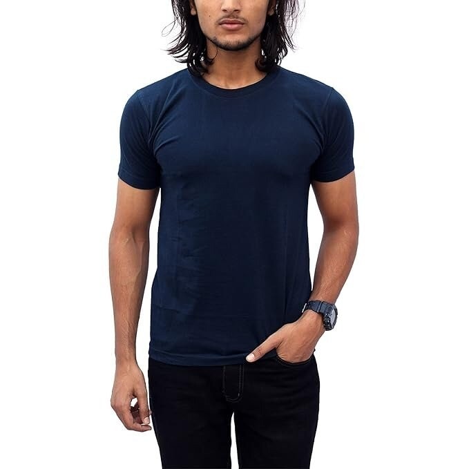 Solid Round Neck Cotton T Shirt For Men (Navy Blue) in Delhi at