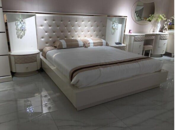 Solid Wood King Size Double Bed with High Back Side Table White