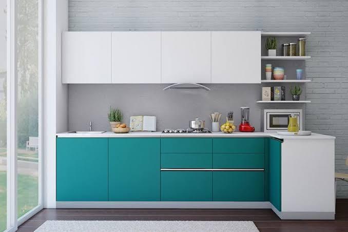 Space Saving Small Modular Kitchen White And Green Colour in