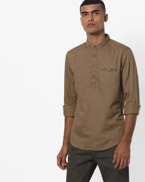 Spykar Mens Slim Fit Shirt with Welt Pocket (Khaki, Size: M) in