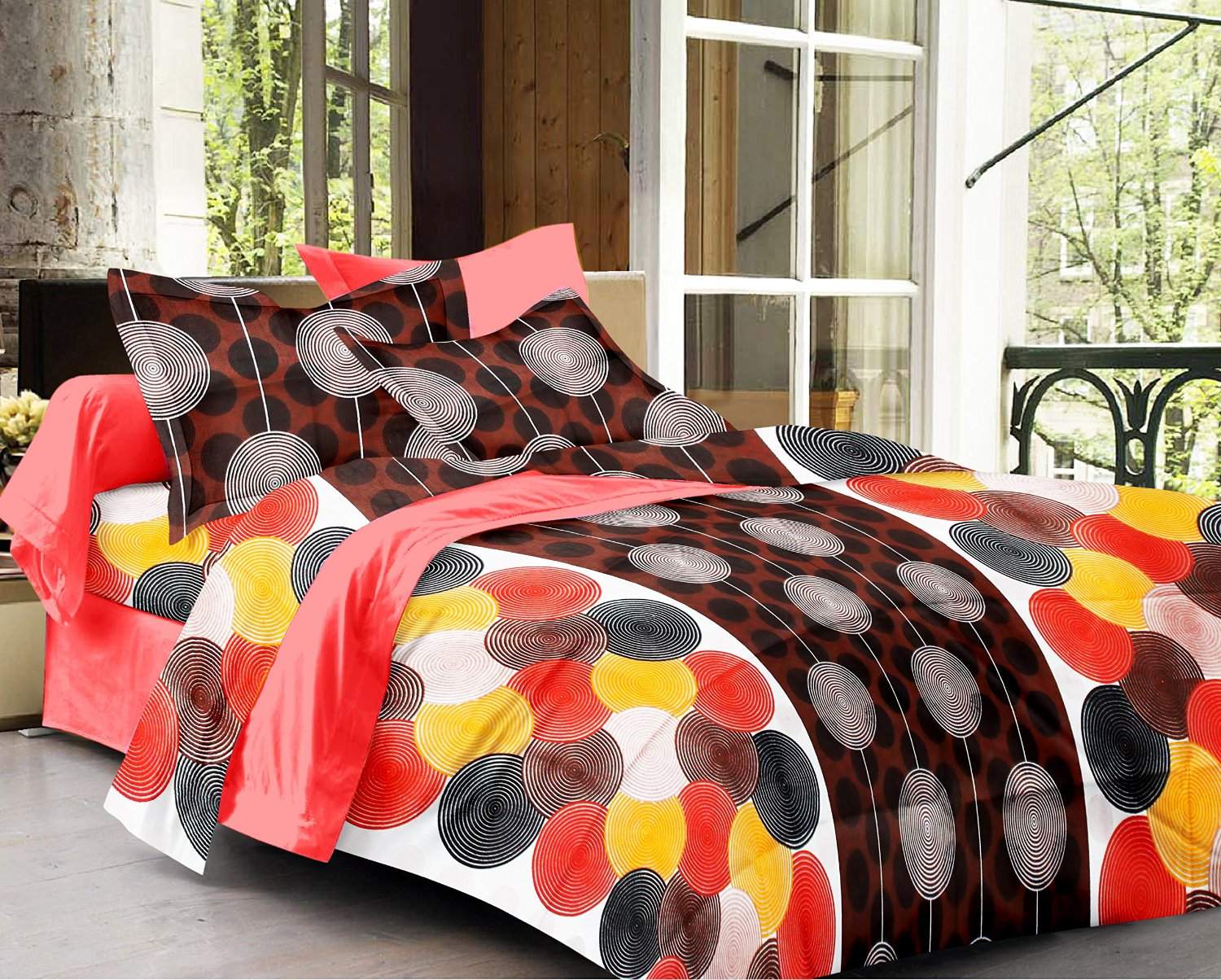 Buy Story Home 100 Cotton Bed Sheet For Double Bed With 2 Pillow Covers Set Candy Queen Size Bedsheet Series 120 Tc Geometric Circles Pattern Brown Features Price Reviews Online In India Justdial