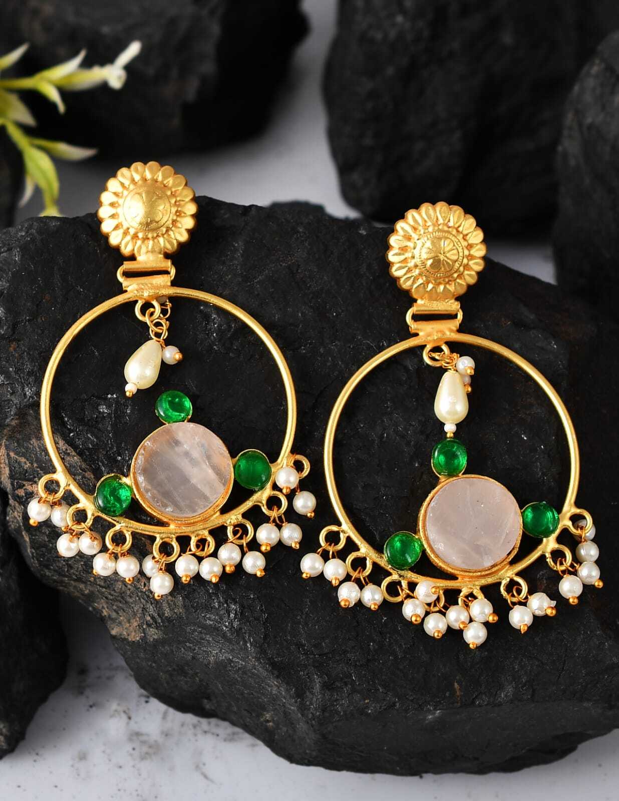 Stylish Golden Green And White Stone Silver Replica Earrings KH DN