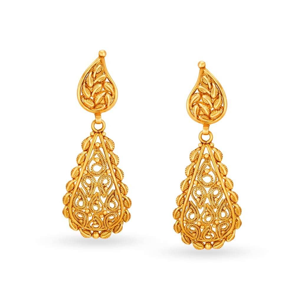 TANISHQ 511618DKWABA002EA005430 Leaf Pattern Gold Drop Earrings in