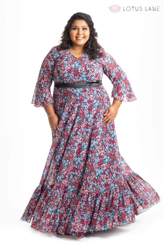 strapless open back dress Plus Size Floral Print Ruffle Pleated Midi Dress in Blue