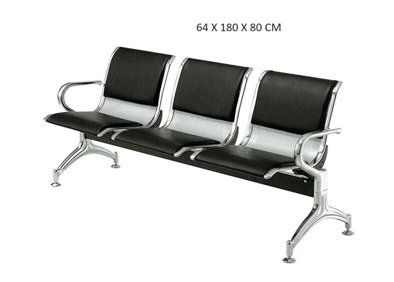 Three Seater Alloy Steel Waiting Seat Black and Silver 64 X 180 X 80 CM