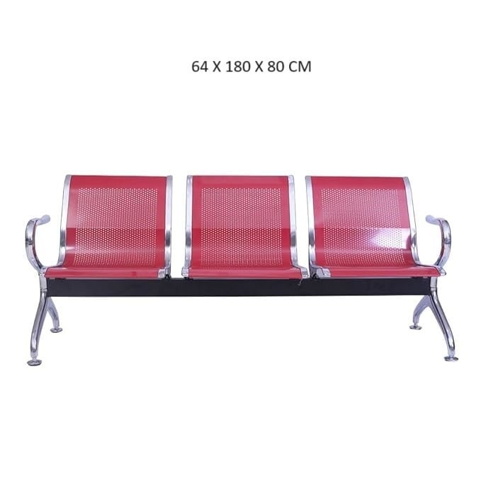 Three Seater Alloy Steel Waiting Seat Red and Silver 64 X 180 X 80 CM