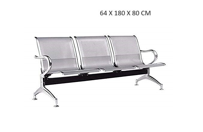 Three Seater Alloy Steel Waiting Seat Silver 64 X 180 X 80 CM