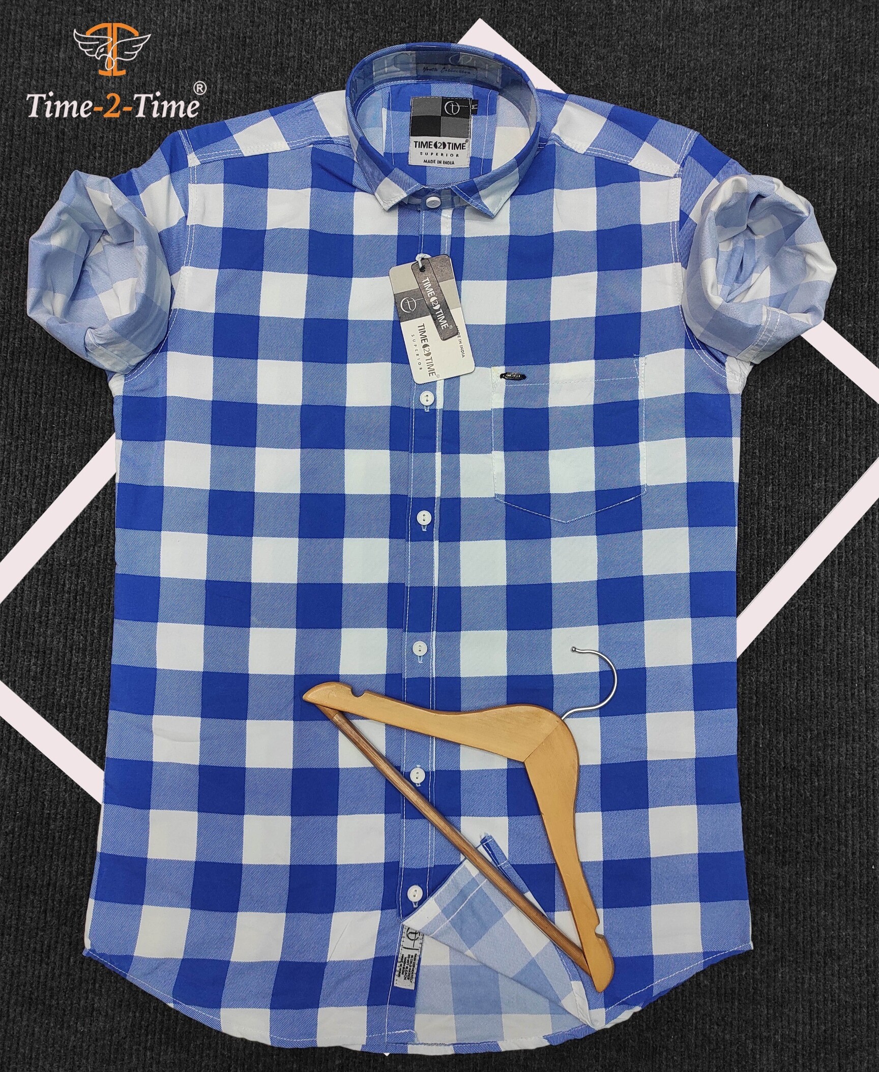 Time Time Checkered Cotton Mens Casual Shirt (Blue,White) in