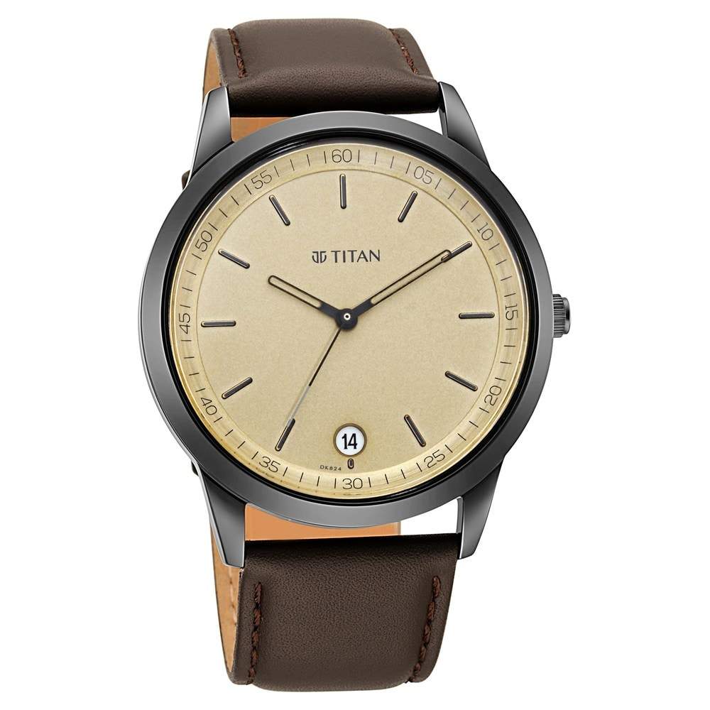 TITAN 1806NL02 Mens Workwear Watch With Golden Dial Leather