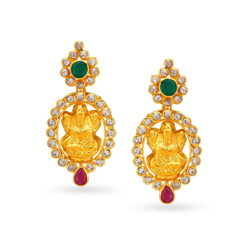 TANISHQ 22 KT Gold and Polky Diamond Drop Earrings (511169DMTABAP4
