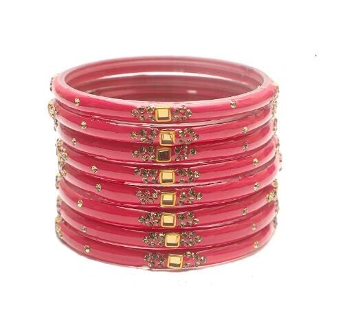 Traditional Pink Fancy Glass Bangles For Women (Pack Of Piece