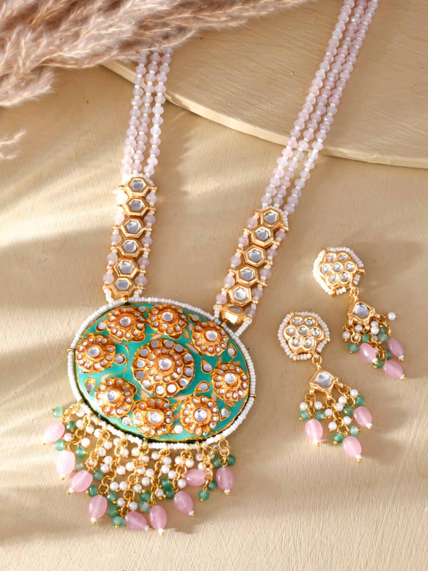 Traditional South Indian Gold Plated Multistrand Green Meenakari