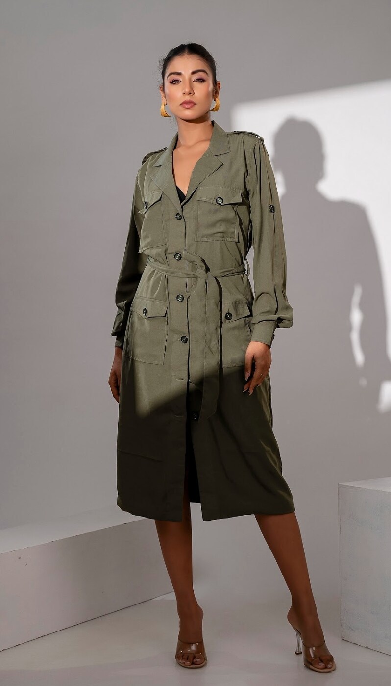 Twill Cotton Collar Neck Full Sleeve Sheath Dress For Women, Green