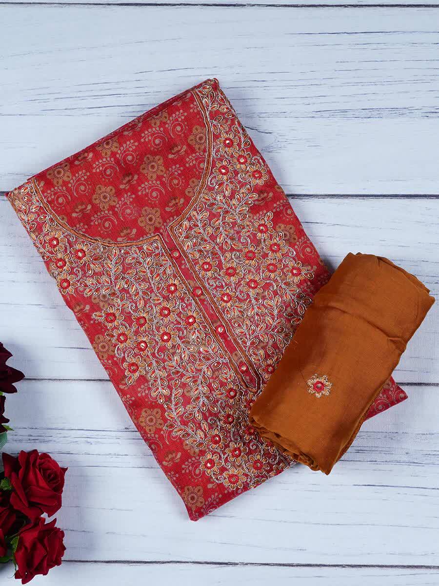 red colour cotton dress material Red Embroidered Cotton Blend Dress Material, Unstitched Cotton Dress Material, - Maia Nava, Bengaluru