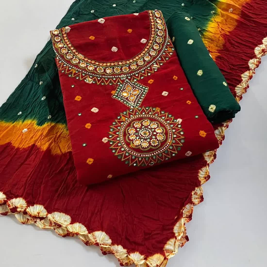 Unstitched Thread Work Cotton Bandhani Dress Material (Red And Green) in  Jaipur at  199 -  1,999 / Mtr by Mehar Fashion - Justdial