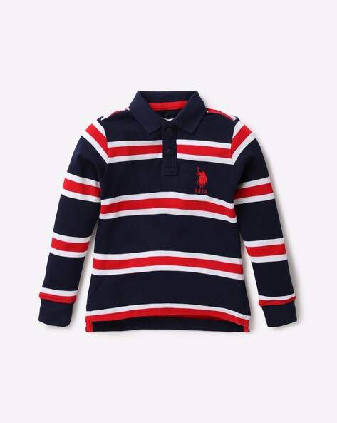 Polo Striped Full-Sleeve Polo T-Shirt (Navy Blue, Red