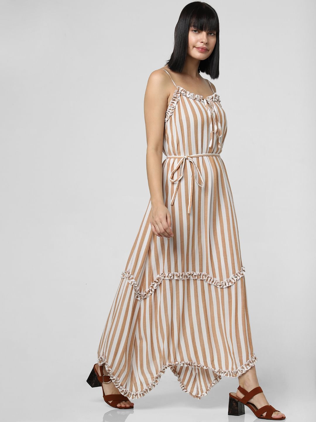 VERO MODA 211219001 Striped Ruffle Trim Maxi Dress Size Xs (White