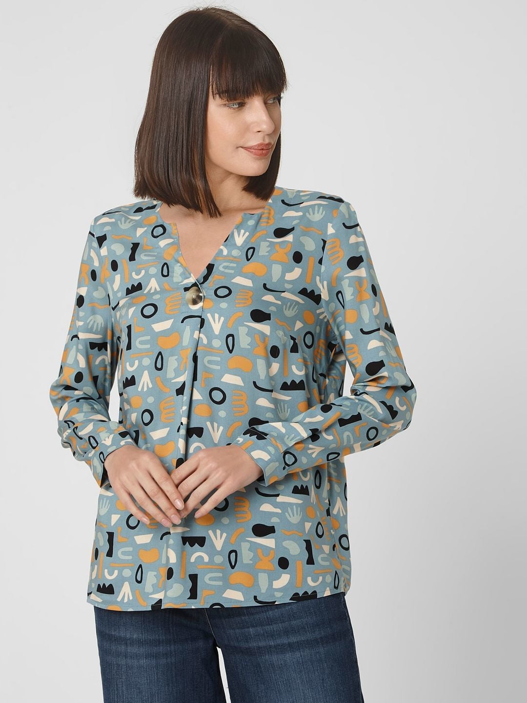 Blue Printed Vero Moda Blue Top VERO MODA 245985001 Abstract Print