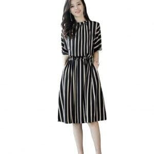 Casual V Neck Short Sleeves Black Vertical Stripes Midi Dress for