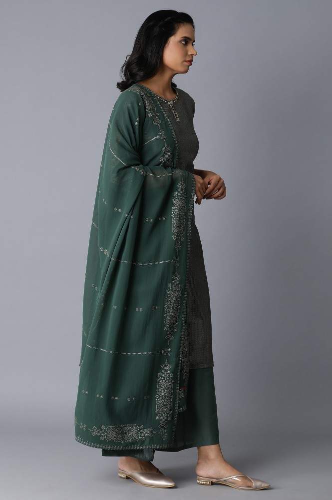 W Green Kurta-Parallel Pants-Drape Set, Size-10 (20AUWS14360