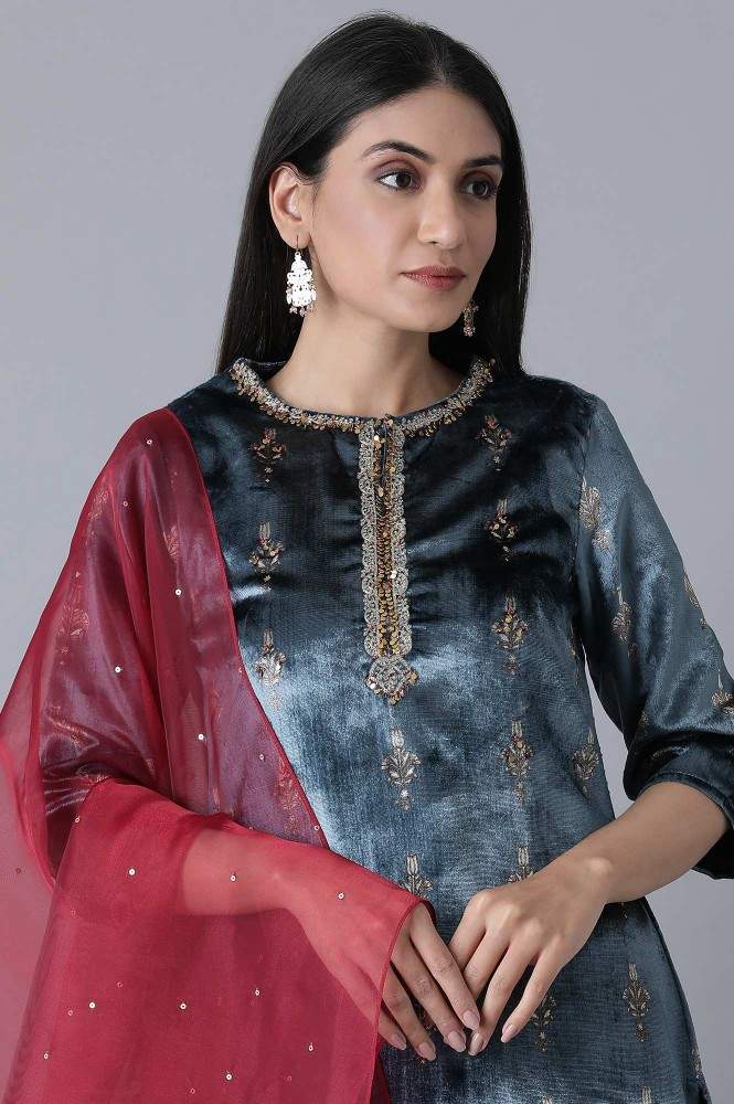 Suit Paaneri Churidar W Blue Printed Velvet Kurta-Parallel Pant-Dupatta  Set, Size-12