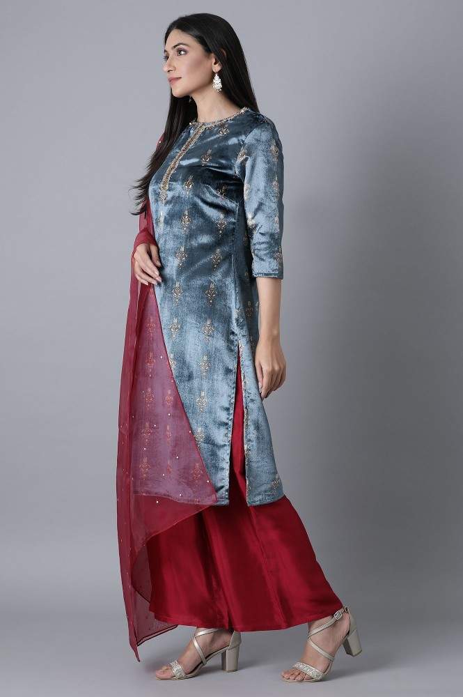 W Blue Printed Velvet Kurta-Parallel Pant-Dupatta Set, Size-8