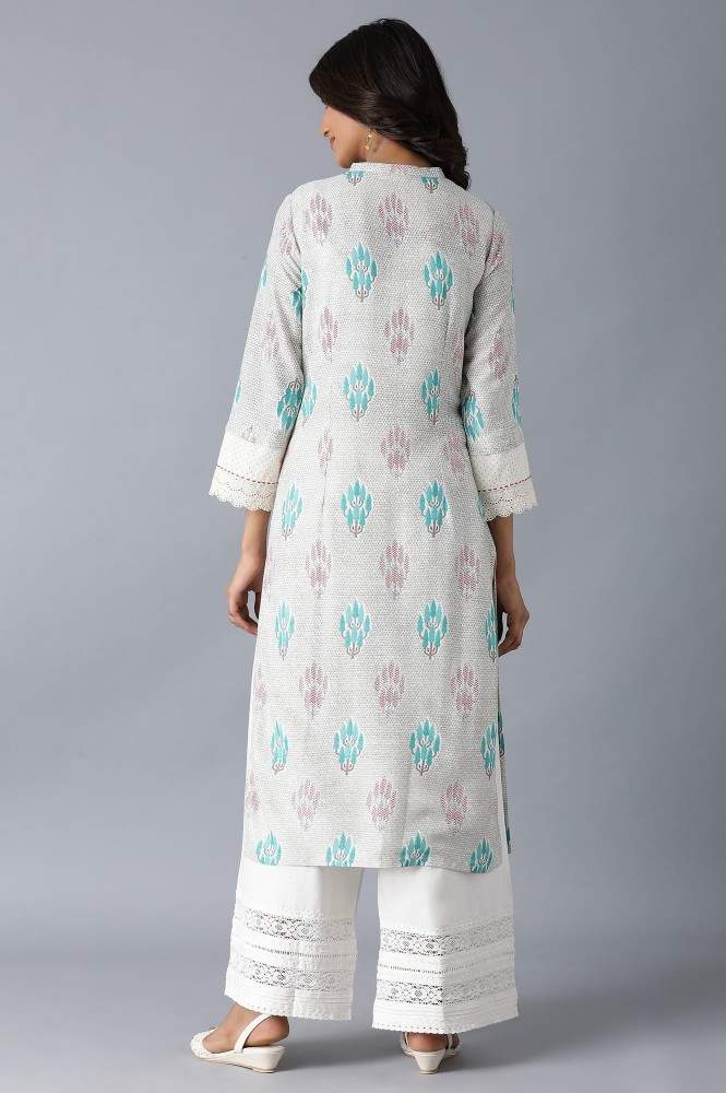 W Off-White Printed Liva Straight Kurta, Size-14 (20FEW13196