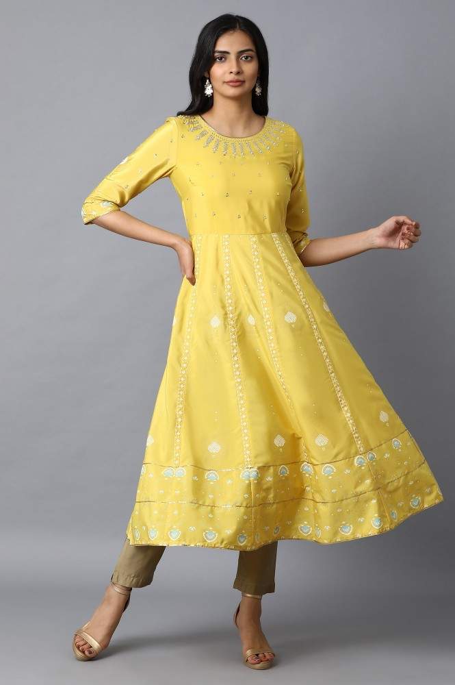W Yellow Embroidered A-Line Kurta, Size-14 (18AUW11212-111372