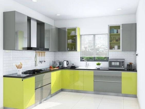White And Grey Modular L Shaped Kitchen Design in Indore at