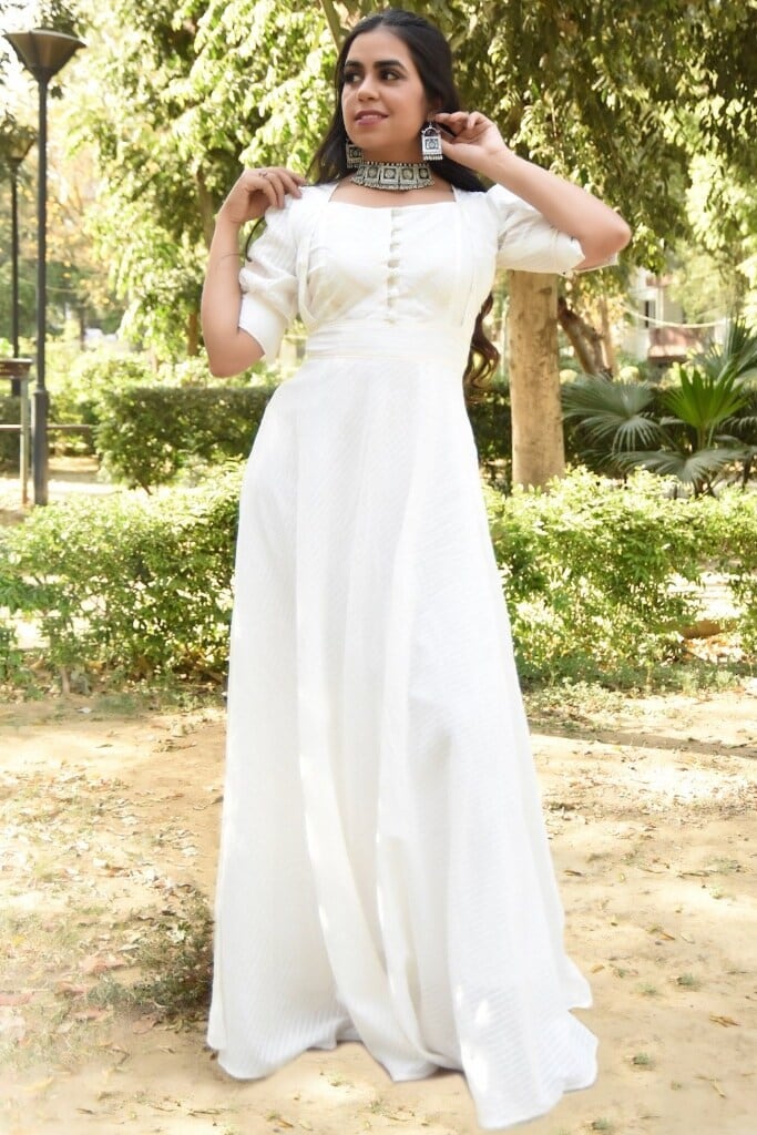 V Neck Casual White Dress With Sleeves White Rose Floral A-line