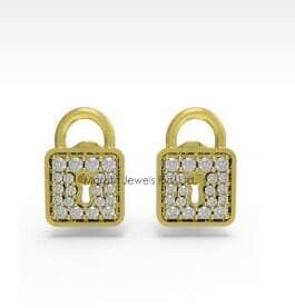 18K Yellow Gold Unisex Lock Shape Diamond Stud Earrings for