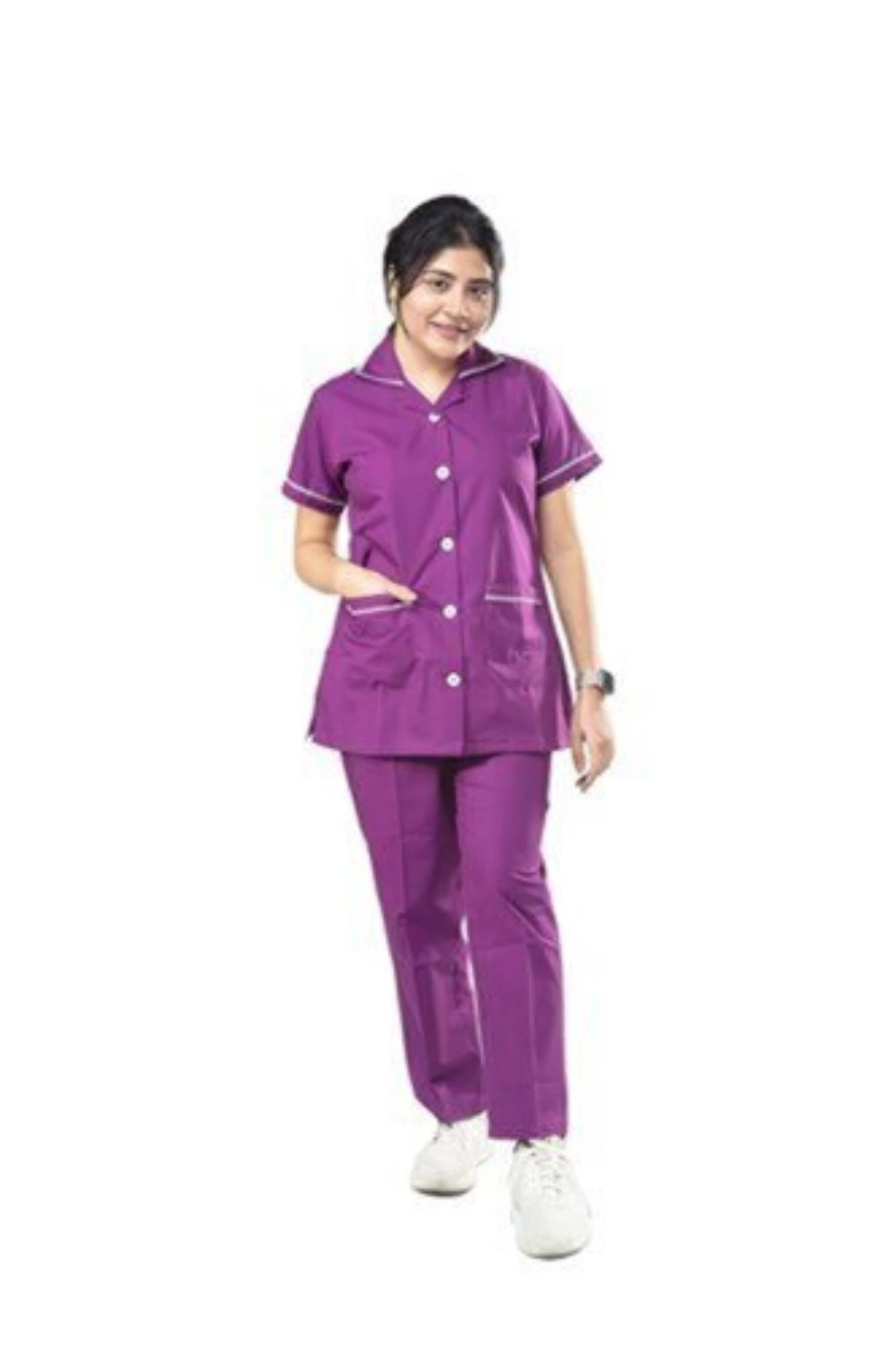 Women Cotton Dark Purple Hospital Nursing Staff Uniform S To XL in