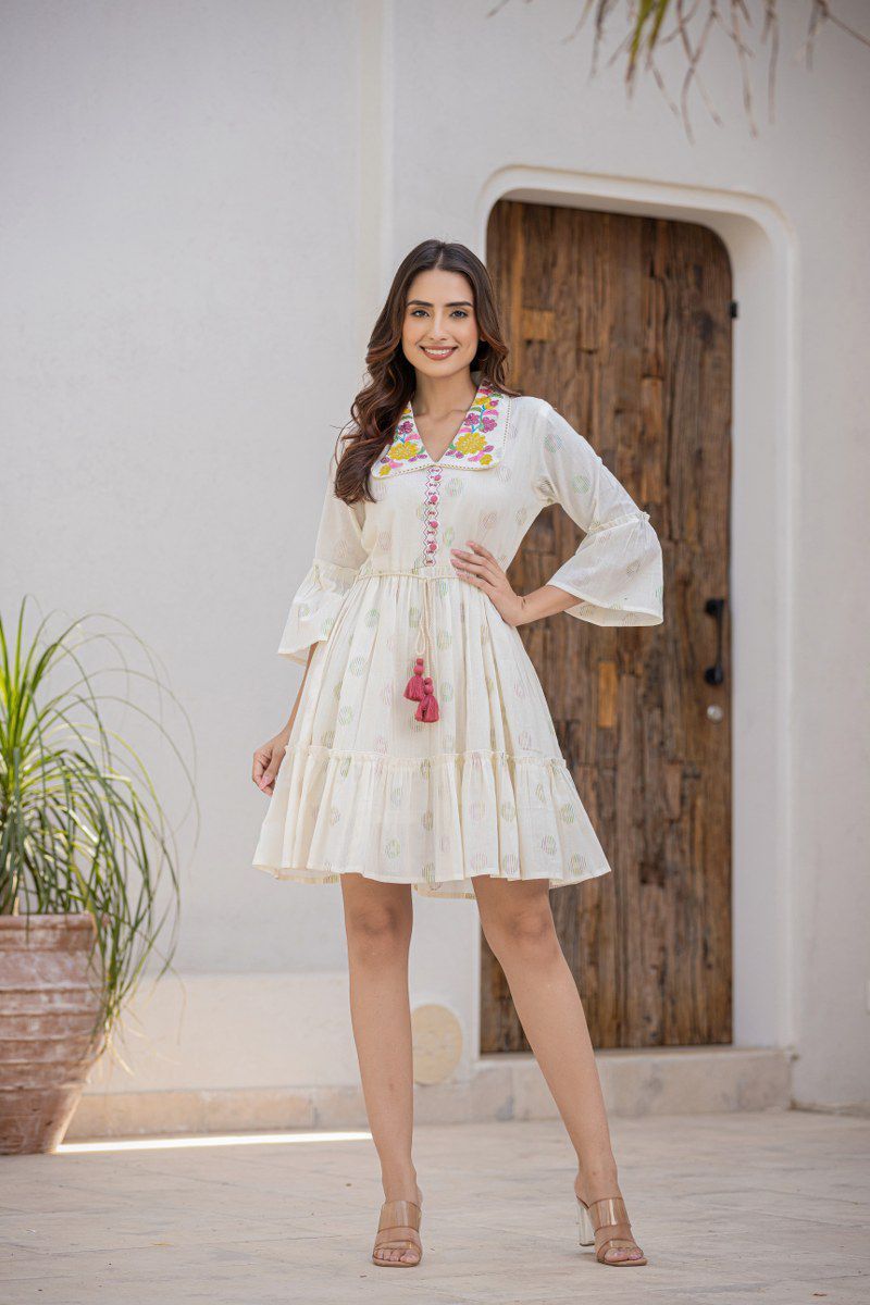 Women Cotton Printed Embroidered Work Short Dress in Mumbai at