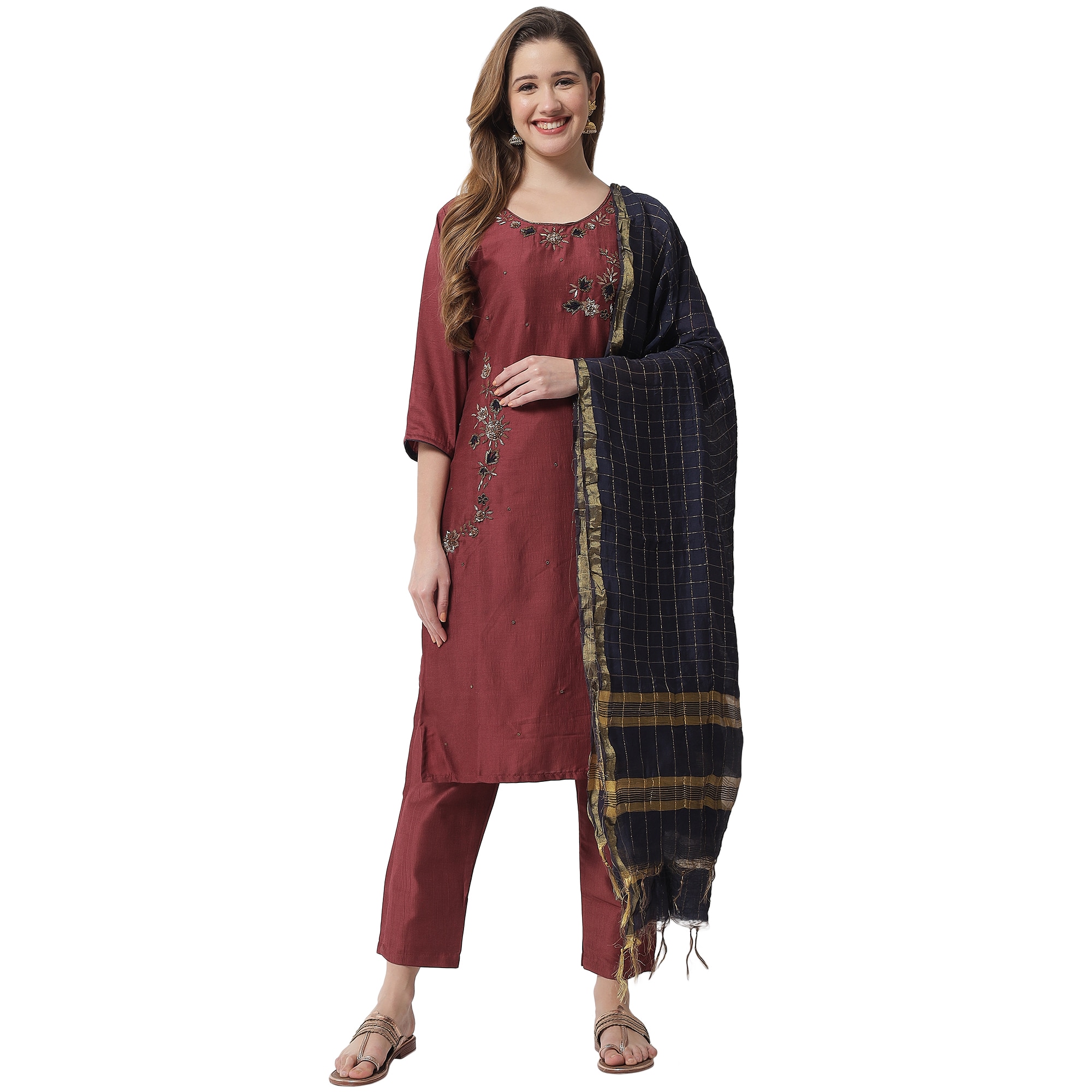 Women Dark Maroon Silk Suit Set With Black Cotton Dupatta in Delhi