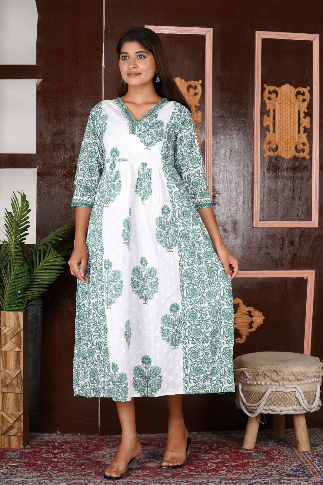Women Printed Cotton 60x60 Gown Kurta , Color- White, Green in Jaipur at   330 / Pc by LAMOK FASHION - Justdial