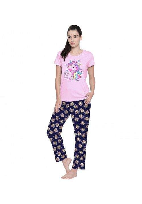 Cotton Printed Top and Dark Blue Pyjama Set with Full Sleeves in