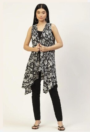 Women Rue Collection Black Off White Printed Longline Waterfall