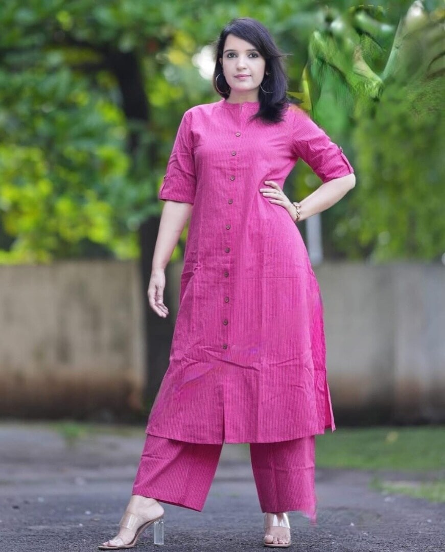 Women's Cotton Kantha Hand Work A Line Kurti With Plazo Set, Pink
