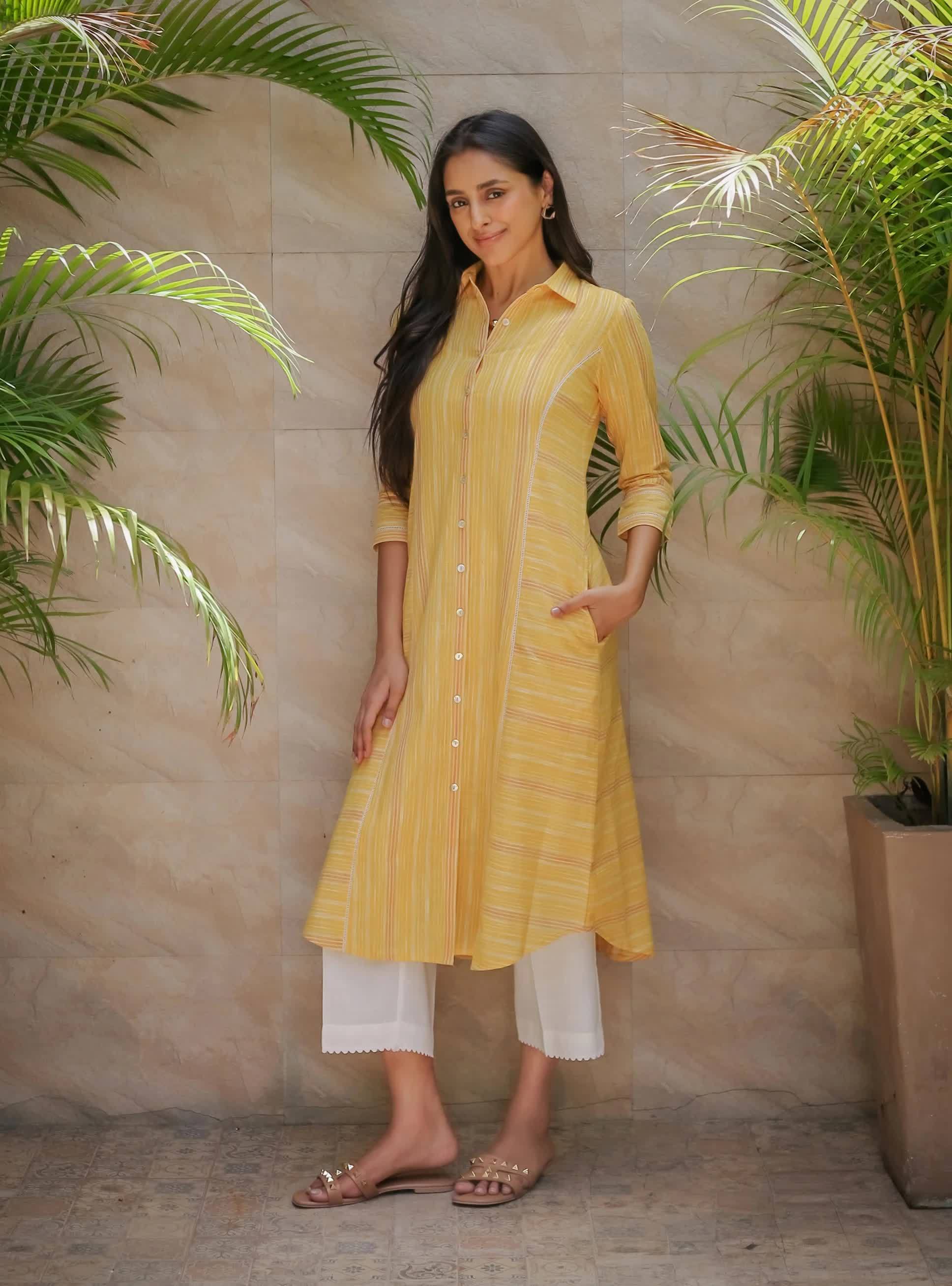 Women's Cotton Printed Readymade Kurti Yellow And White (S to XL