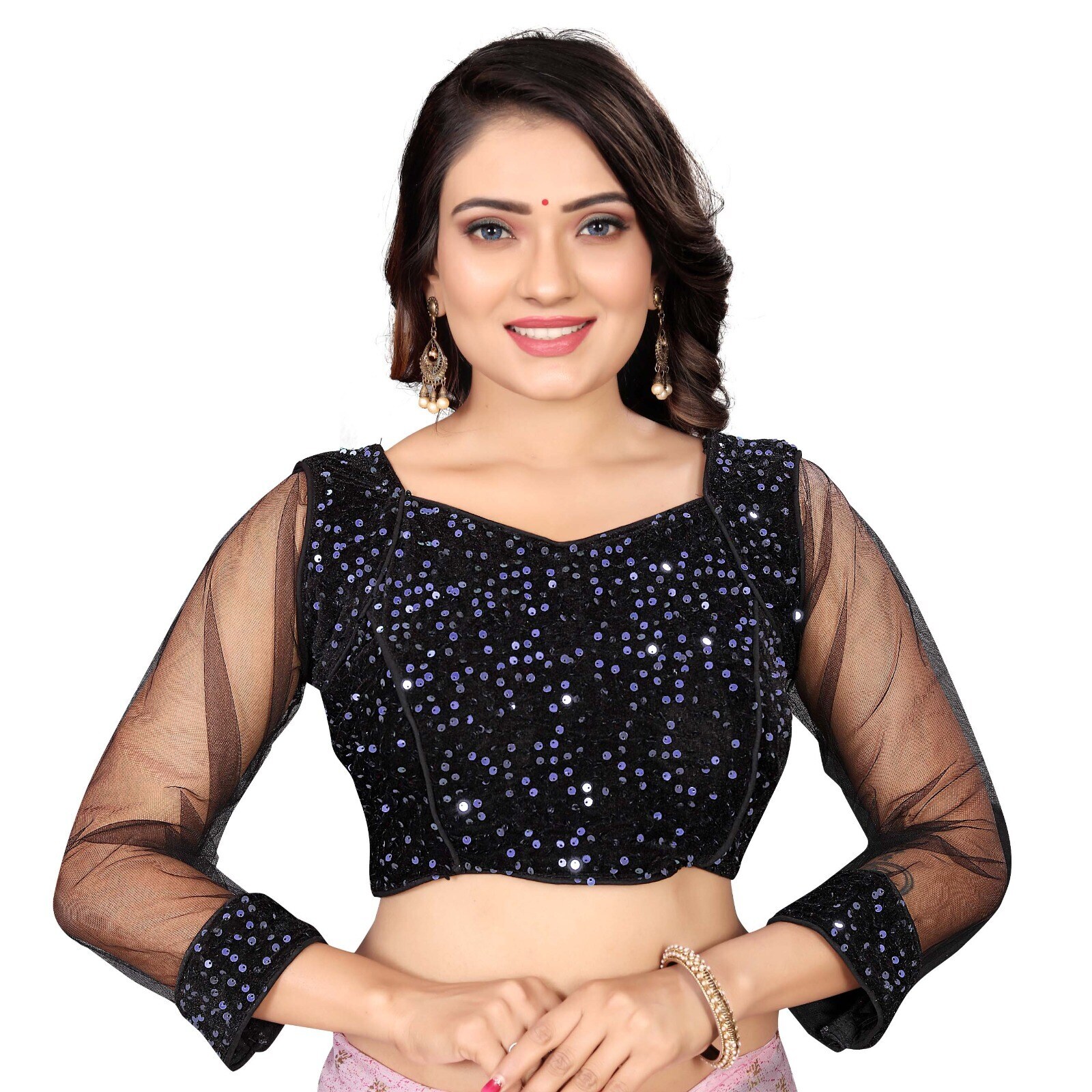 Women's Embellished Velvet Fabric With Net V Neck Long Sleeve