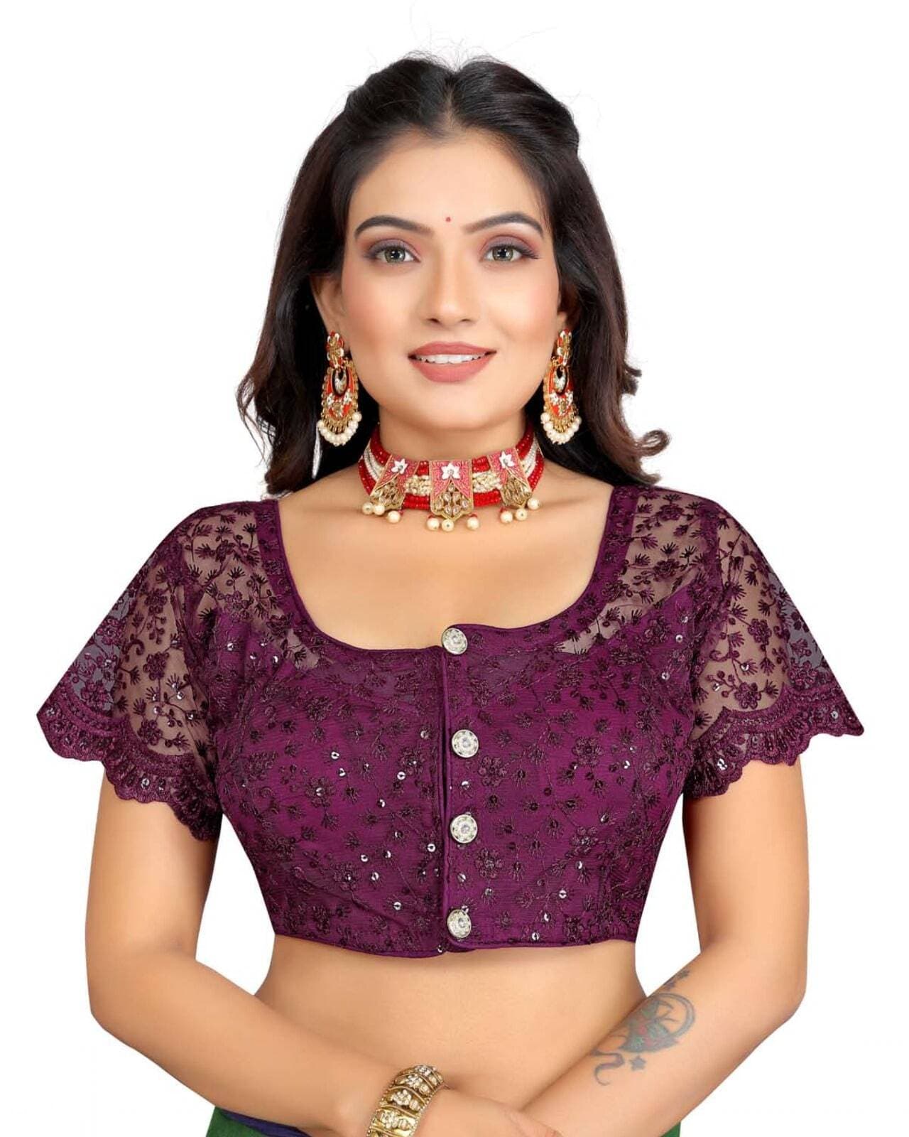 Women's Embroidered Sequences Work Net Blouse U Neck Purple