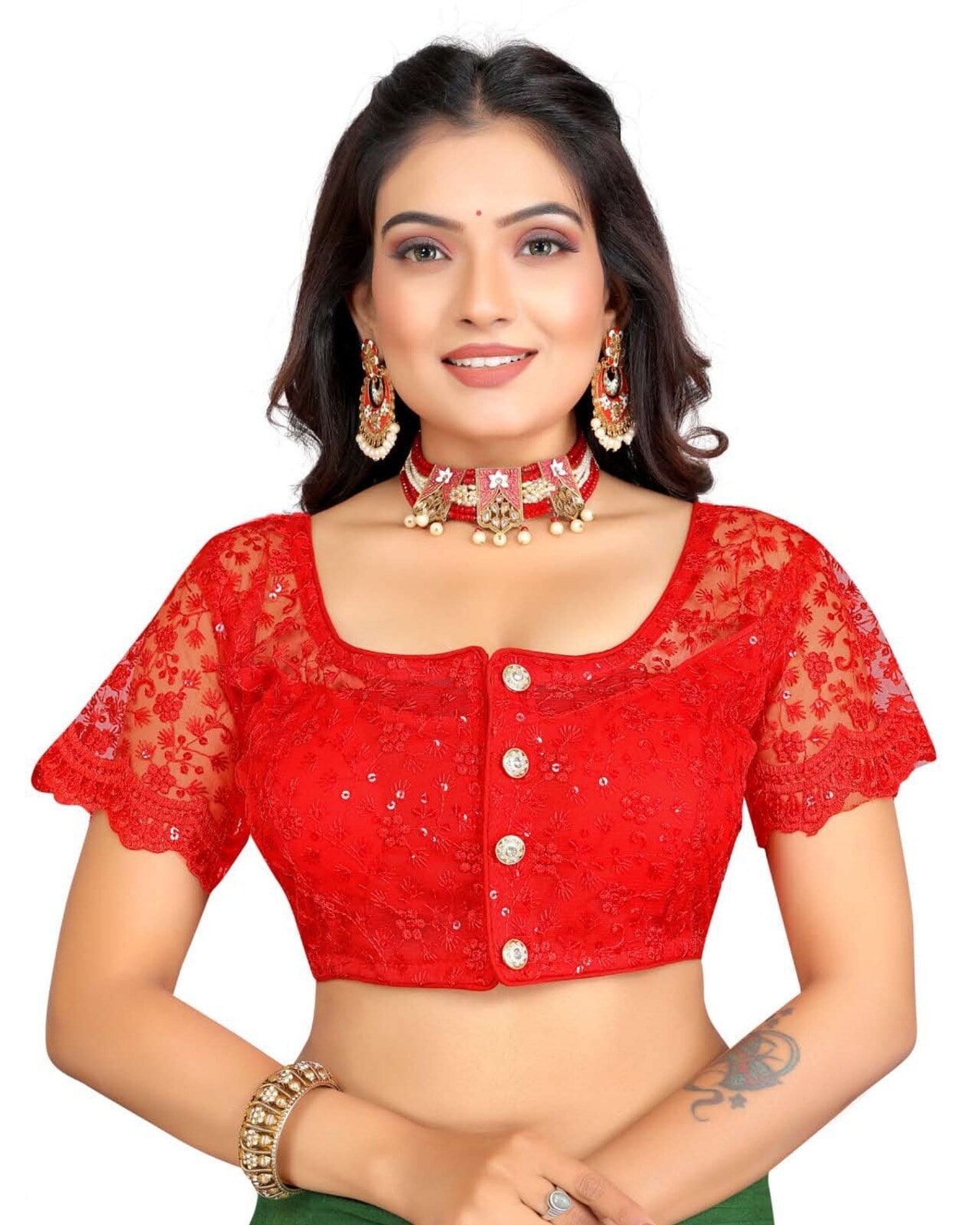Women's Net Embroidered Blouse Short Sleeves U Neck Saree Blouse