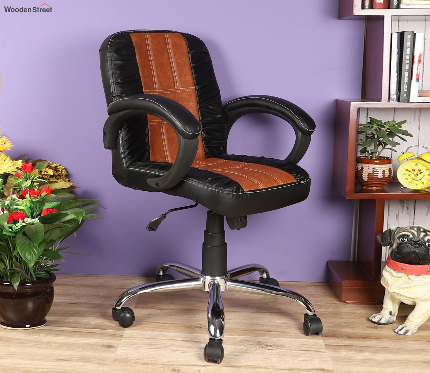 test Wood and Leather Office Chair with Fixed Arms, 650x600x900mm