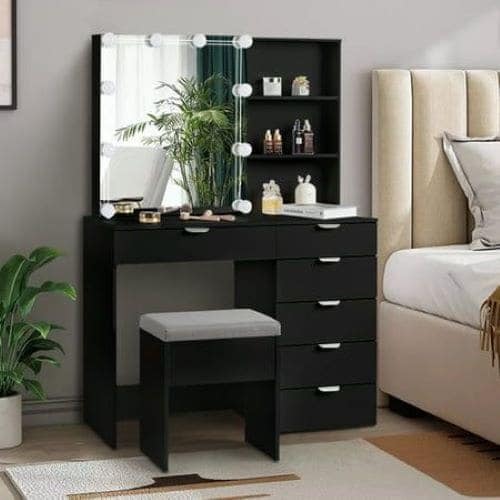 black dressing table design Modern Wood Wave Panel Vanity Desk Set Makeup Table with Mirror and Li –  GiraTree
